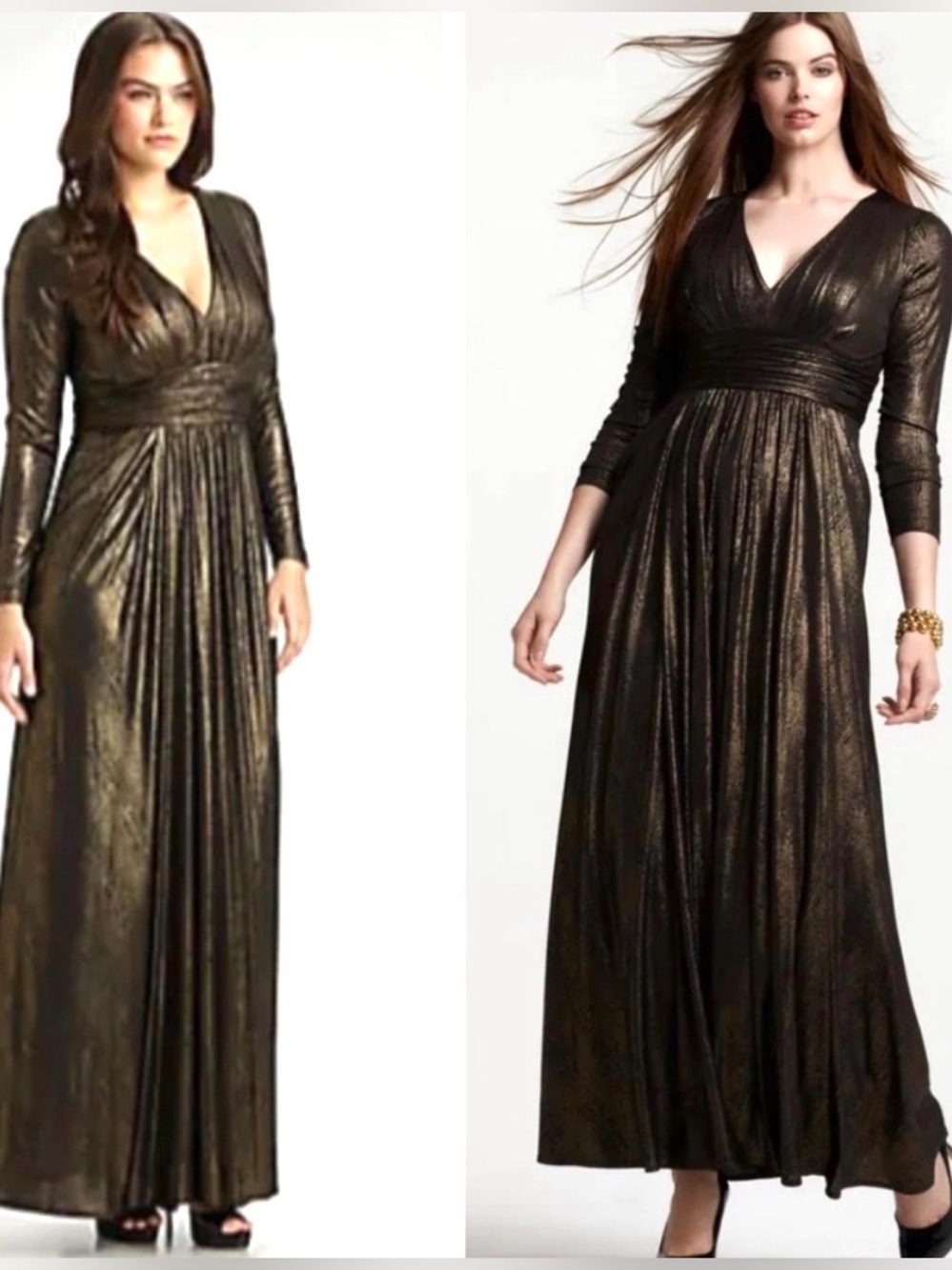 David Meister Metallic Bronze Black V-Neck Long Sleeve Maxi Dress Gown SZ4 EUC